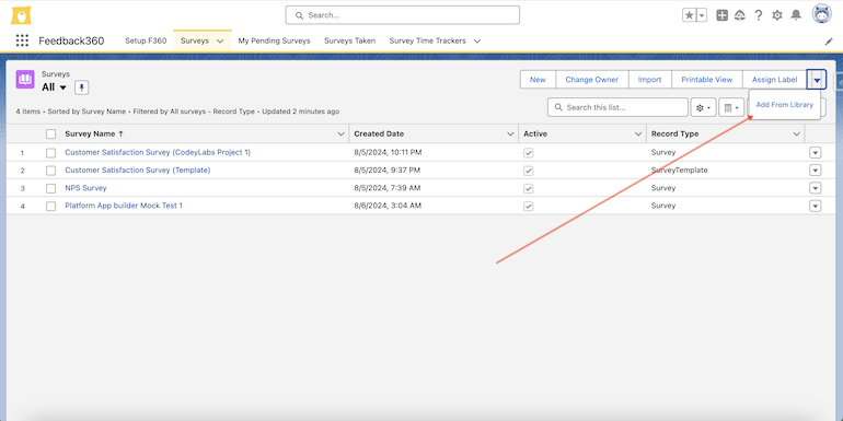 Add From Library and SurveyTemplate filter