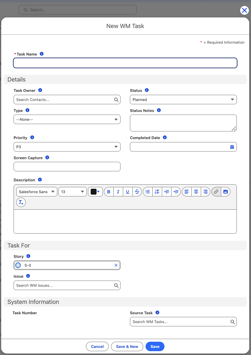 WM Tasks Related List on a Story or Issue