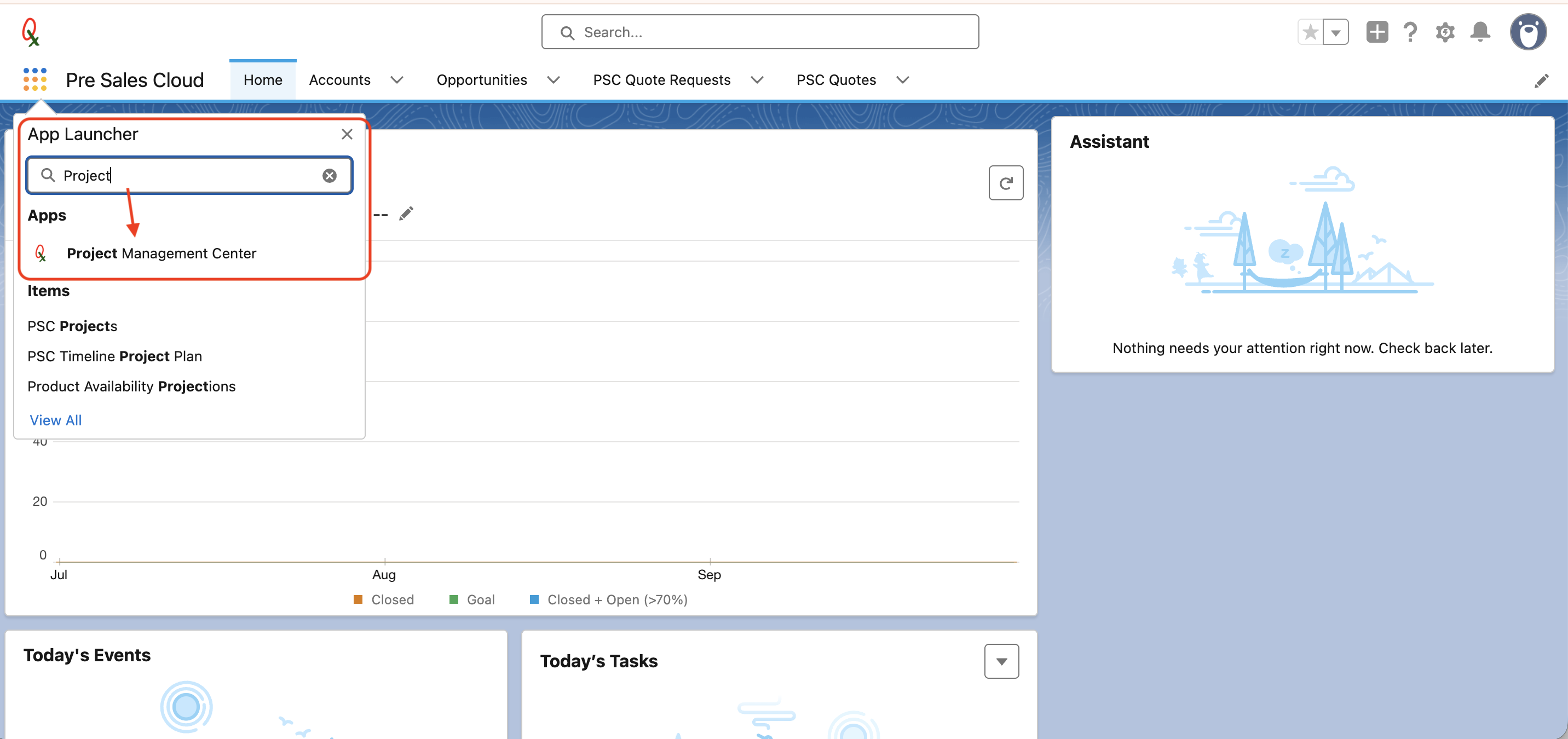 App Launcher search results for Project with an arrow pointing to Project Management Center