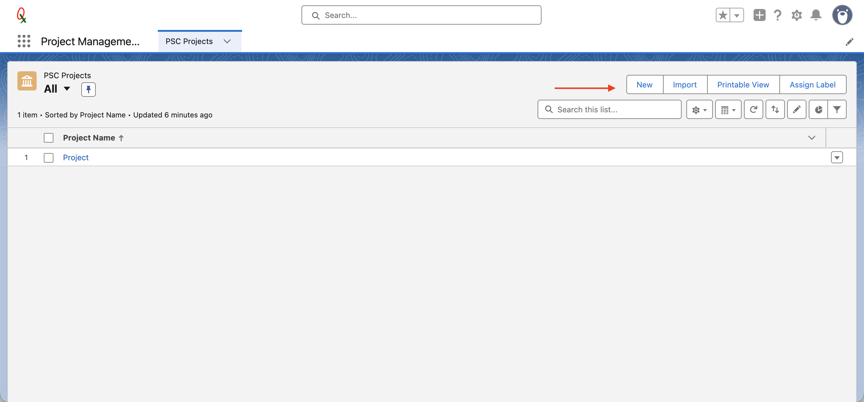 PSC Projects list view with a red arrow pointing to the New button
