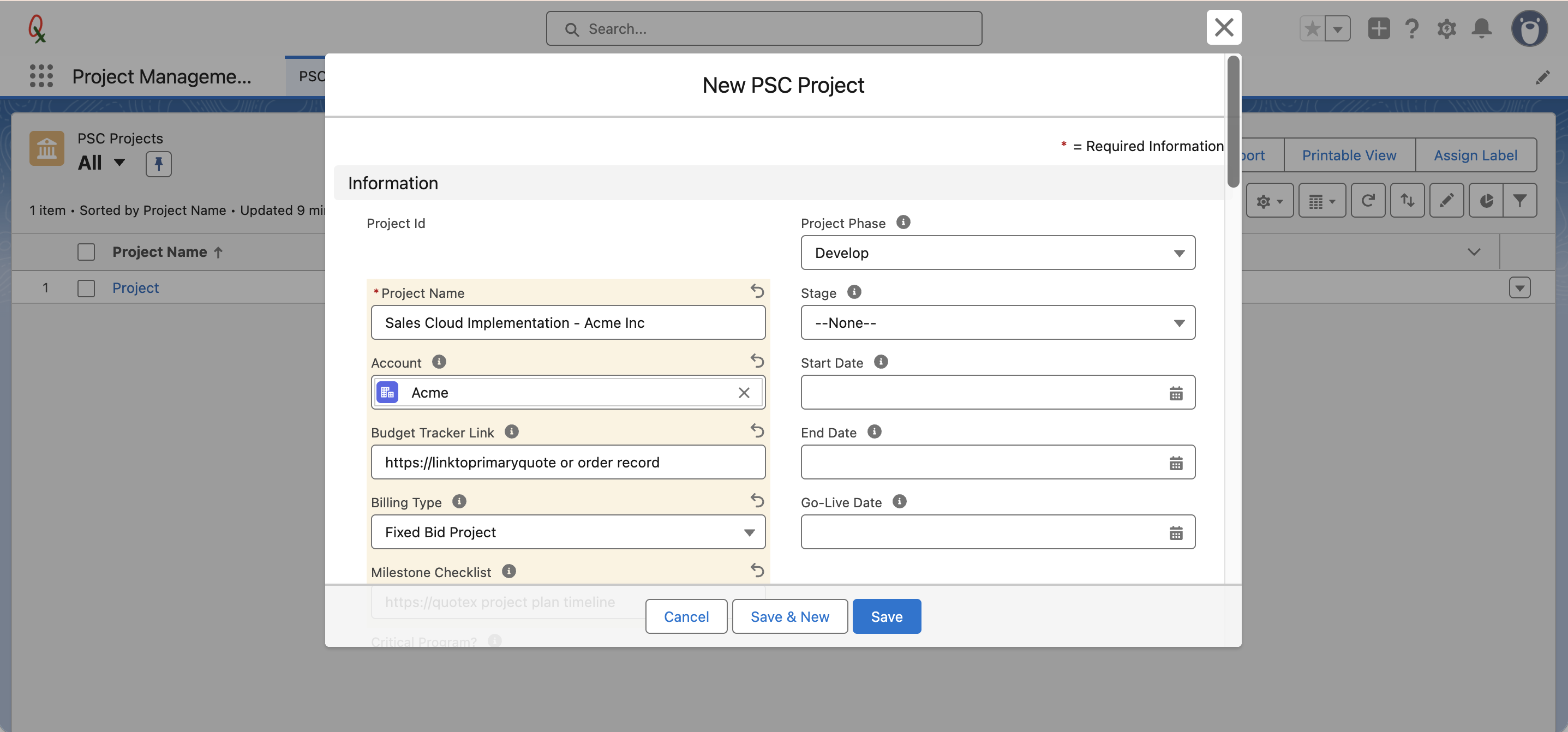 New PSC Project modal showing the Information section