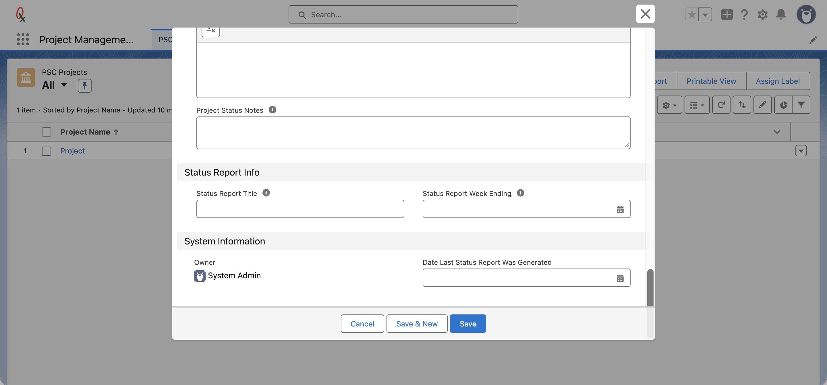 Status Report Info section of the New PSC Project form