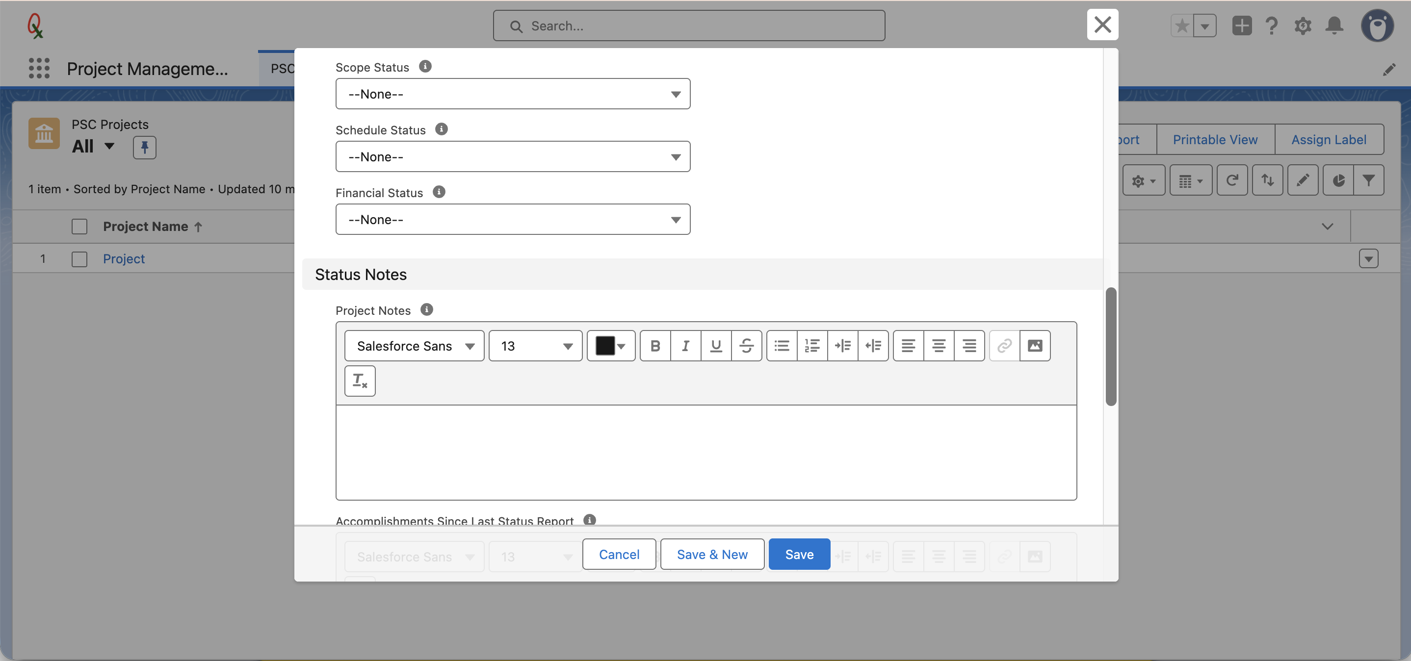 Scope, Schedule and Financial Status dropdowns and Project Notes editor