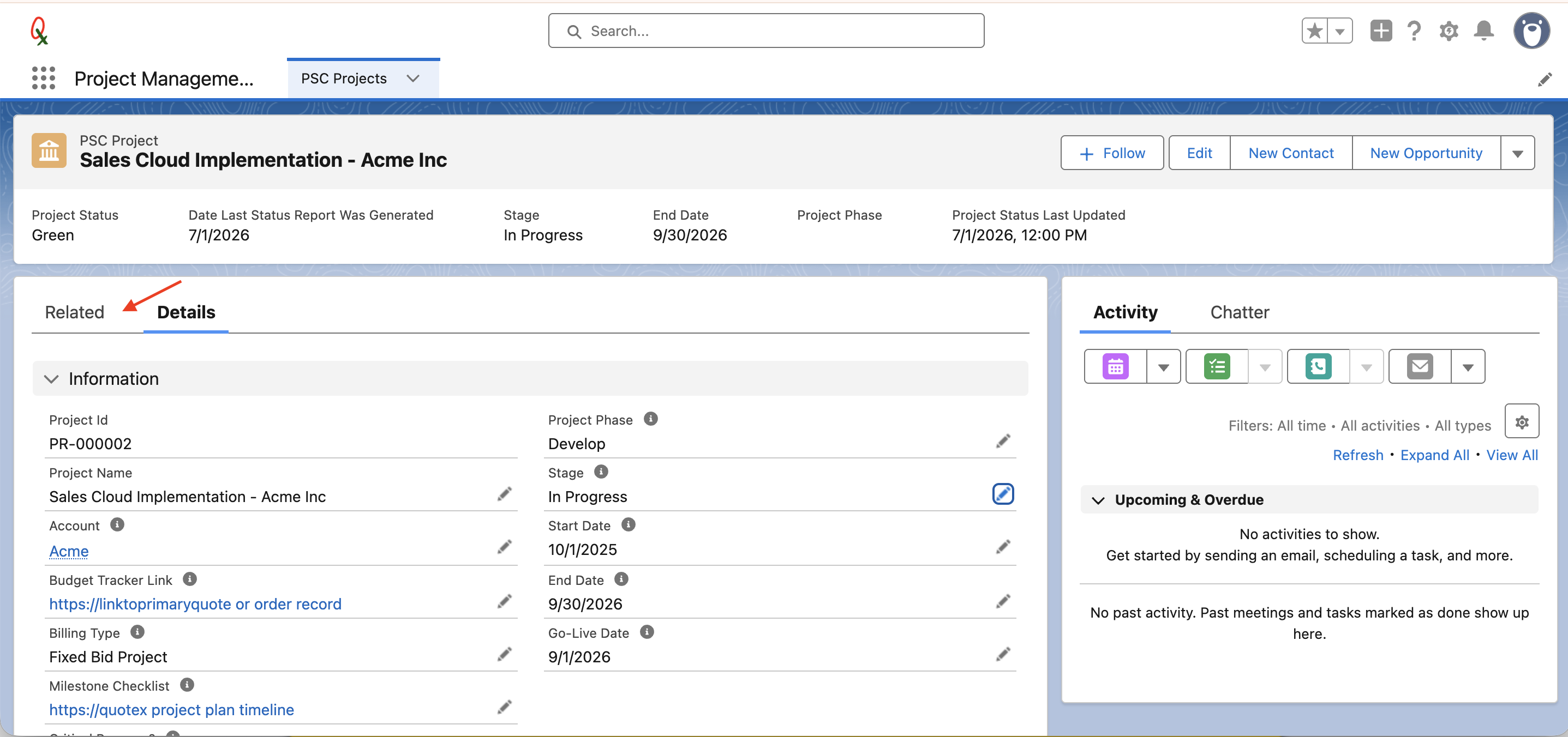PSC Project record page with the Related and Details tabs
