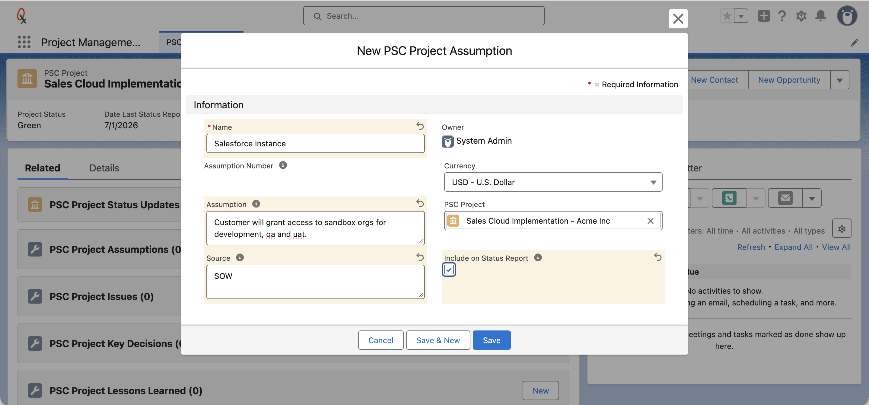 New PSC Project Assumption modal form