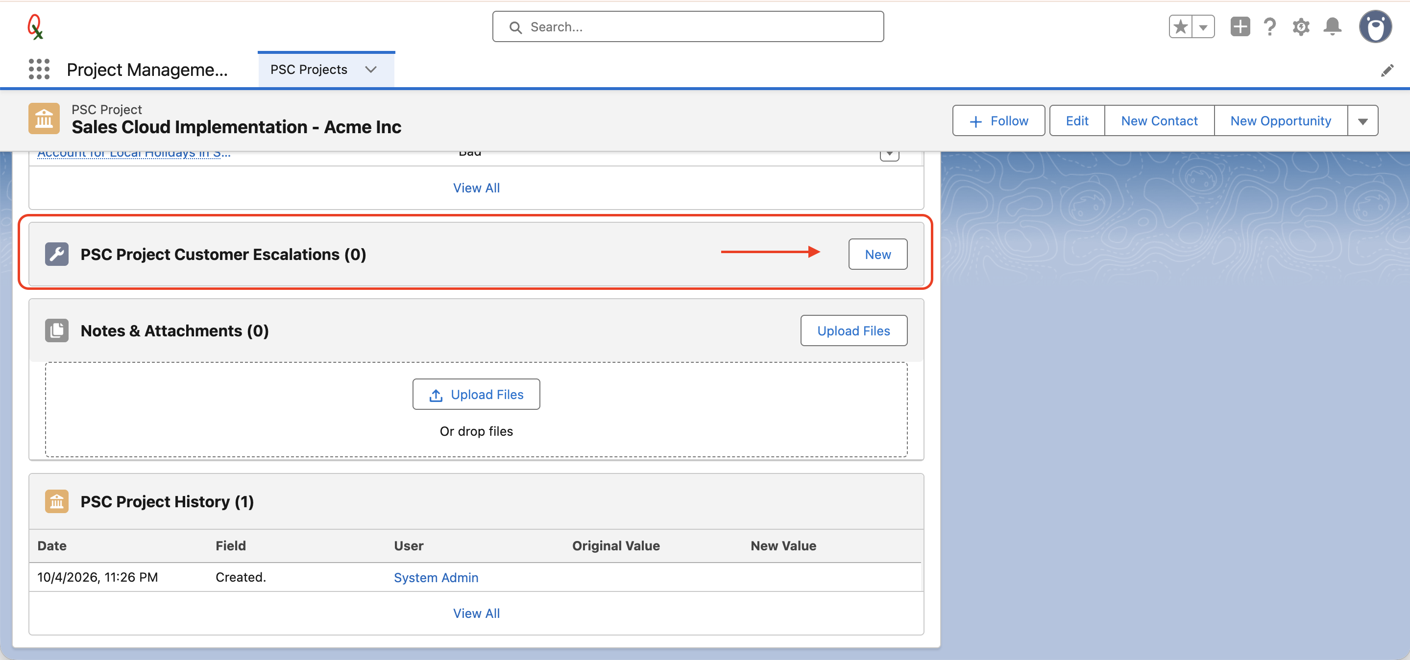 PSC Project Customer Escalations related list with a red arrow pointing to the New button
