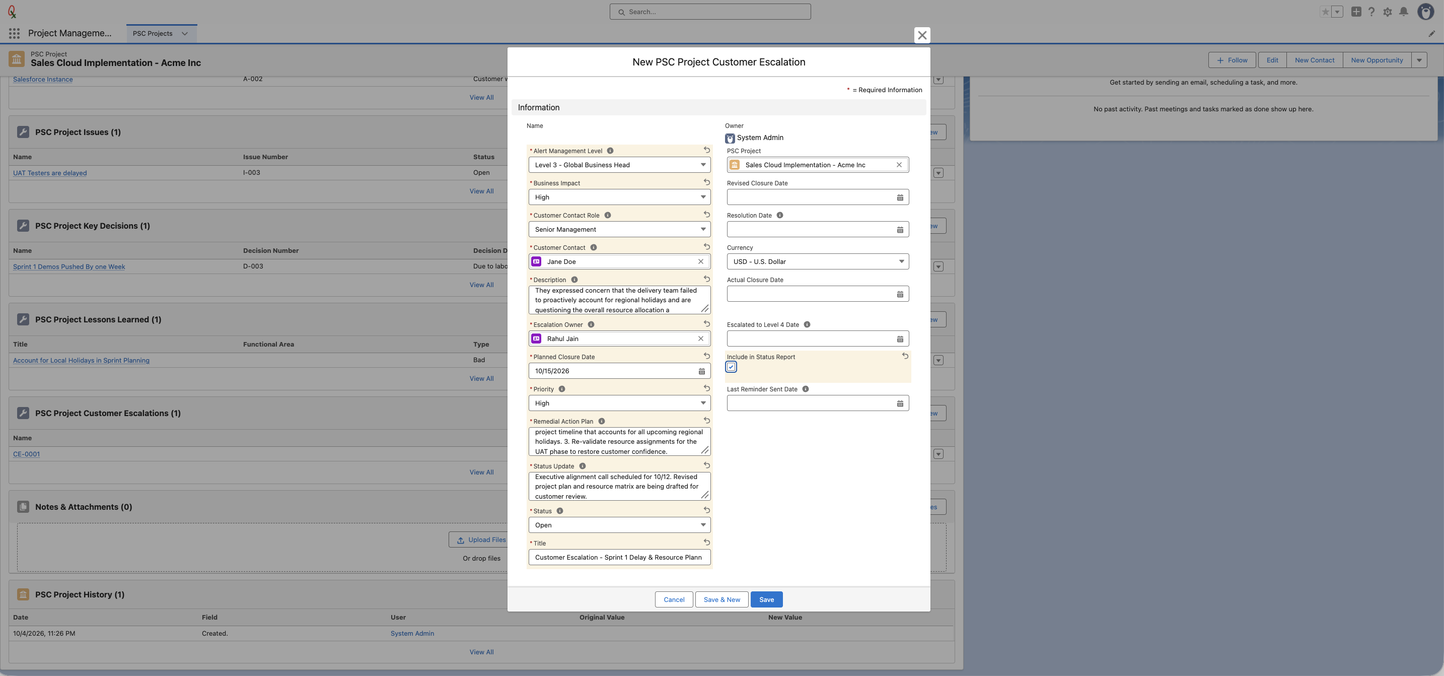 New PSC Project Customer Escalation modal form