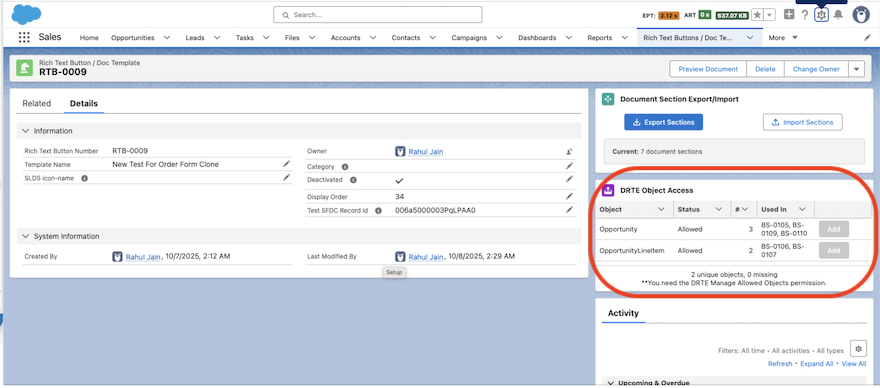 DRTE Access Checker panel on the Document Template page